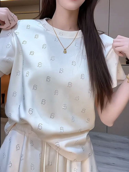 絶対欲しい アバンギャルド ファッション ホットダイヤモンド 2色 半袖 Tシャツ ショートパンツ セットアップF-8842
