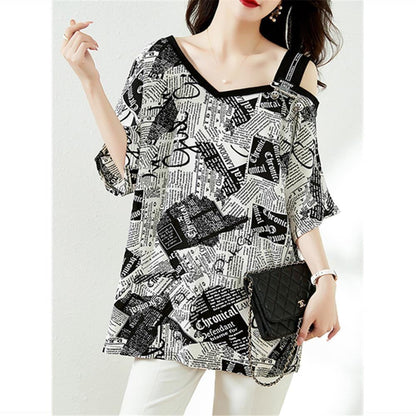 【半額！期間限定！！】絶対流行 特別デザイン 個性派 シフォン プリント 半袖Tシャツ＜F-8610＞