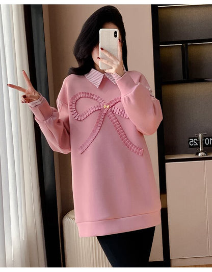 好感度UP レイヤード風 柔らかくて優しい印象 切り替え プラスベルベット 全3色 スウェット＜F-9809＞