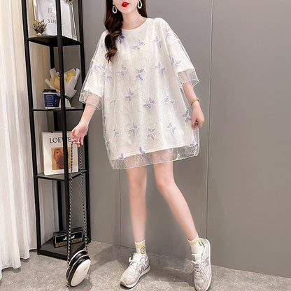 イントレンディなメッシュフェイクツーピースバタフライTシャツルーズトップ<F-2858>