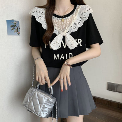 超人気 レース スウィート 切り替え プリント 3色選択 半袖Tシャツ＜F-8825＞