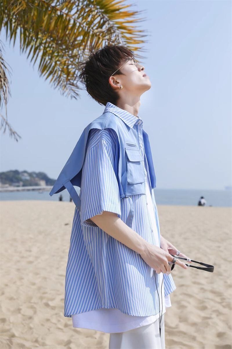 絶対流行 レイヤード風 早い者勝ち 切り替え ストライプ柄 全3色 半袖TシャツF-9048