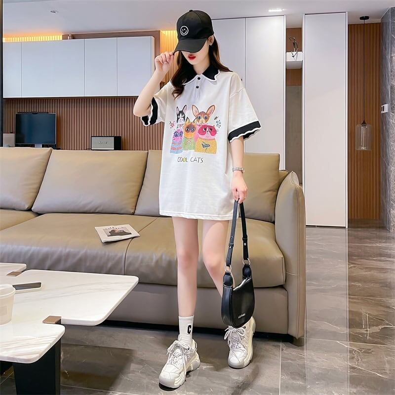 デザインセンスゆったりプリントトップラペルTシャツポロシャツ<F-2898>