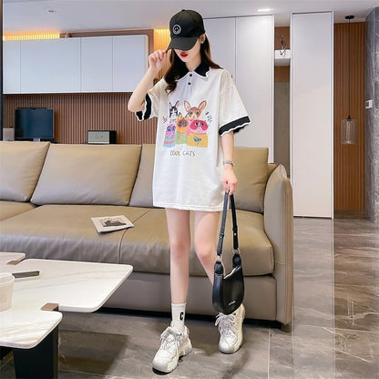 デザインセンスゆったりプリントトップラペルTシャツポロシャツ<F-2898>