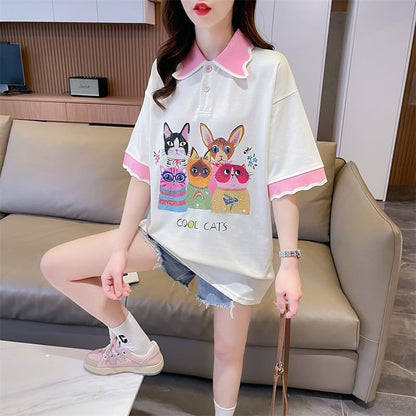 デザインセンスゆったりプリントトップラペルTシャツポロシャツ<F-2898>