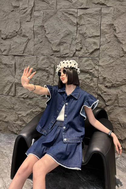 大好評 ファッション 売り切れ必至 2色選択 デニム 半袖 Tシャツ+ 短いスカート セットアップ ＜F-8992＞