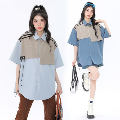 期間限定 ファッション 個性派 レイヤード風 切り替え プリント全3色 男女兼用 半袖TシャツF-9044