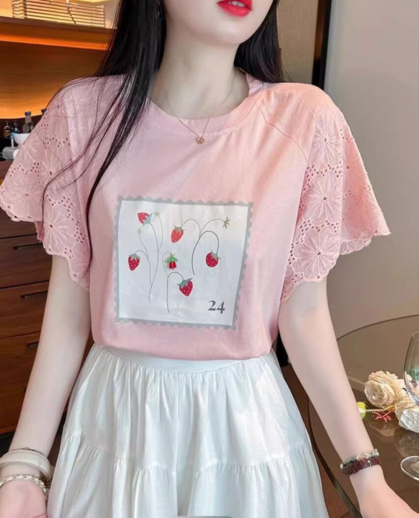 大好評 レース 上質 刺繍 切り替え 全2色 半袖Tシャツ＜F-8869＞
