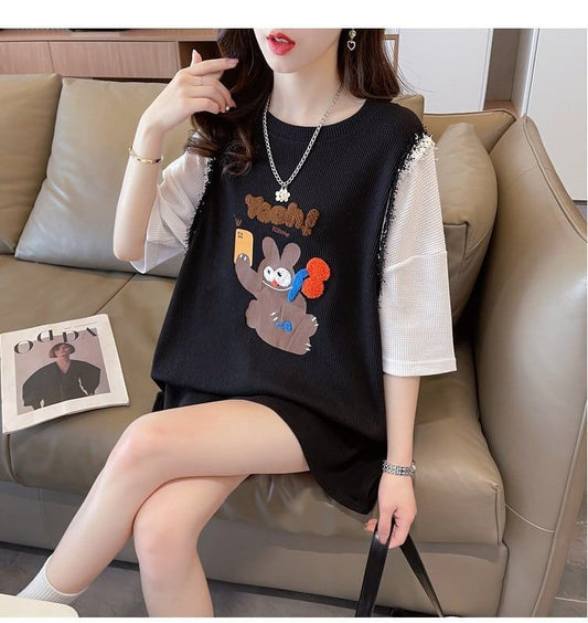 ワッフルフェイクツーピース漫画立体刺繍半袖Tシャツ<F-2871>