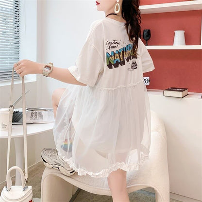 デザインセンスレースステッチフェイクツーピース半袖Tシャツワンピース<F-2964>