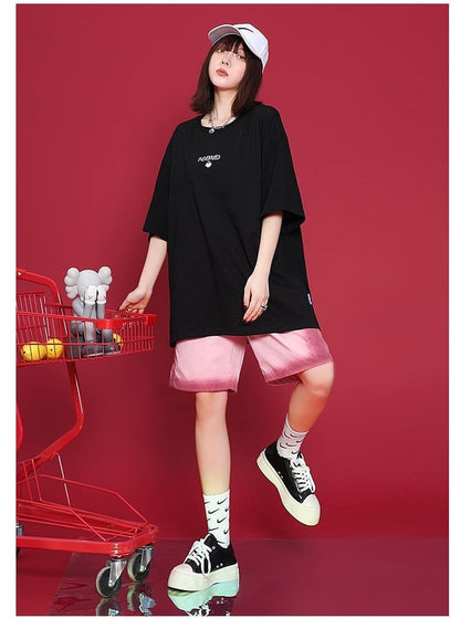 デザインセンス漫画プリント半袖Tシャツショートパンツスーツ<F-5019>
