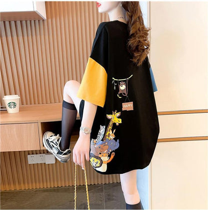 遊び心溢れるキュートなデザインのレディースゆったり半袖Tシャツ<F-2855>