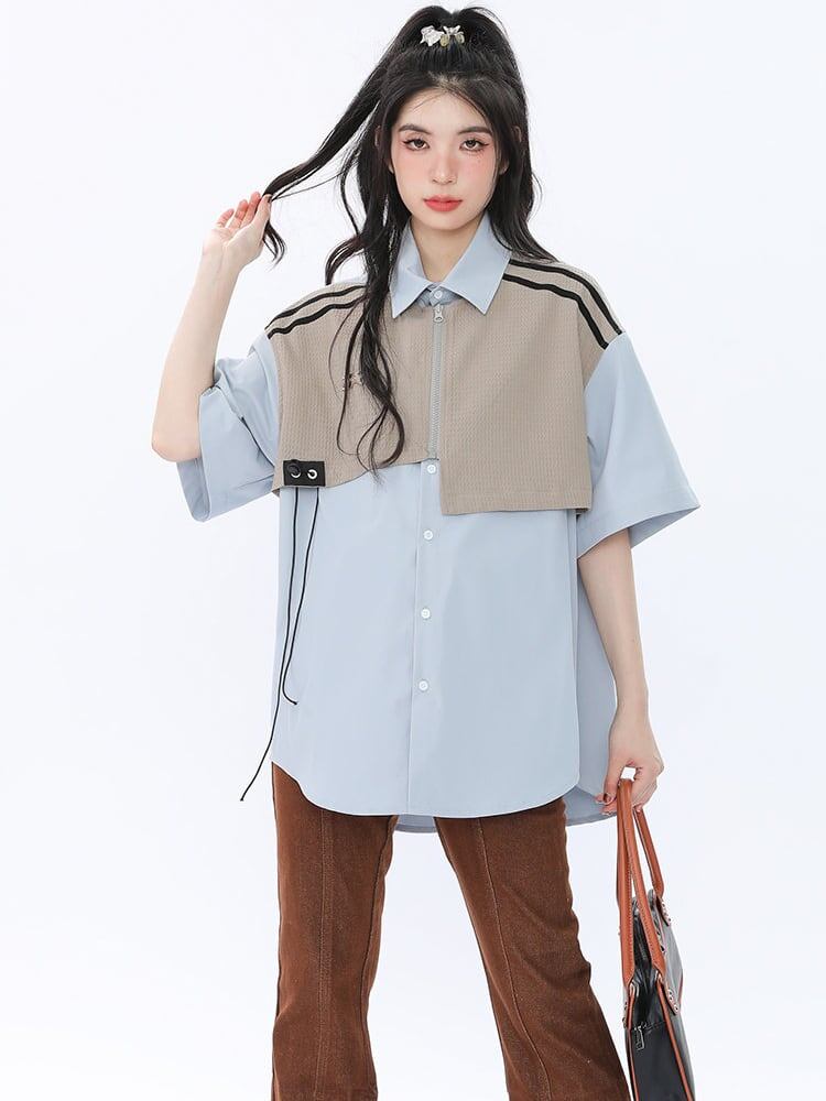 期間限定 ファッション 個性派 レイヤード風 切り替え プリント全3色 男女兼用 半袖TシャツF-9044