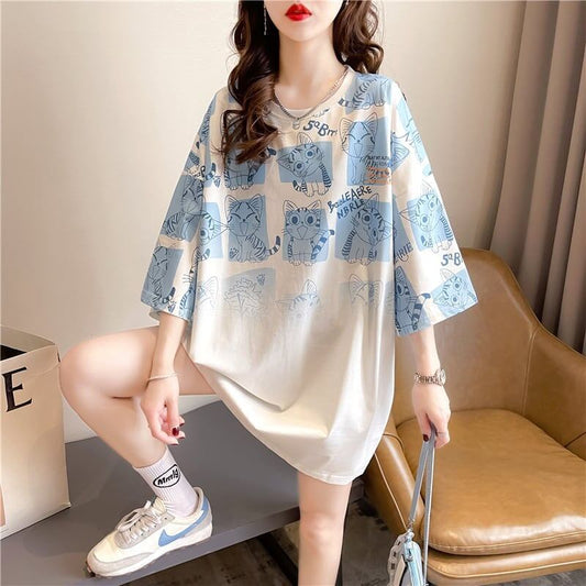 【半額！期間限定！！】大好評 プリント 猫柄 ロング Tシャツ 四色 ゆったりワンピース ＜F-4017＞