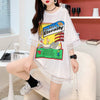デザインセンス中空プリントTシャツルーズトップス<F-2877>