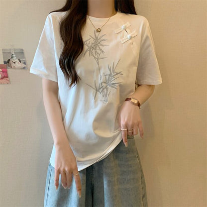 おすすめ 海外トレンド カジュアル モーダル 刺繍 半袖Tシャツ＜F-8476＞