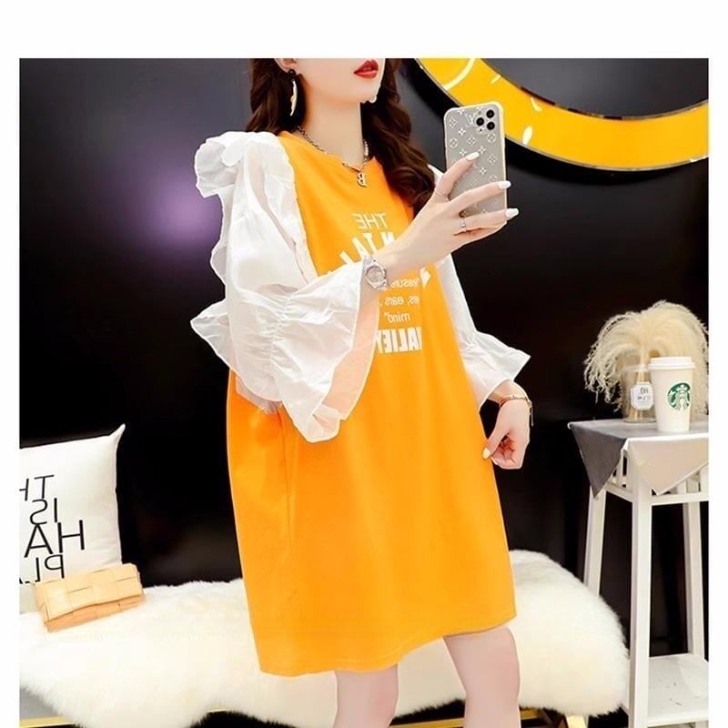 女子力アップ アルファベット パフスリーブ プリント ロングTシャツ ゆったりワンピース ＜F-3054＞
