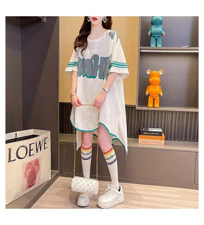 おしゃれ度アップ アルファベット フィッシュテール プリントTシャツ ゆったり半袖＜F-3012＞