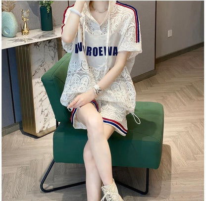 好感度UP カジュアル 上品 レース 透かし彫り 切り替え 半袖Tシャツ ショートパンツ セットアップ ＜F-8807＞