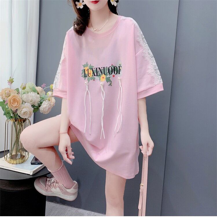 絶対欲しい レース スウィートプリント 切り替え 全2色 半袖Tシャツ ＜F-8656＞