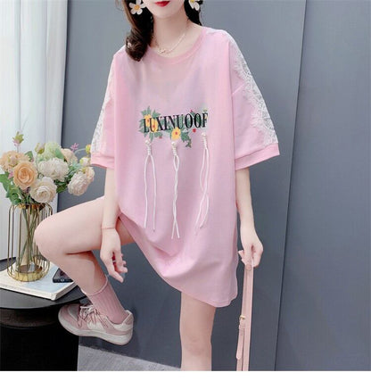 絶対欲しい レース スウィートプリント 切り替え 全2色 半袖Tシャツ ＜F-8656＞