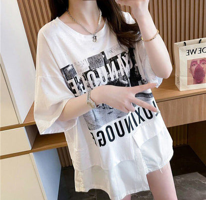 絶対流行 レイヤード風 レース プリント全2色 半袖TシャツF-8821