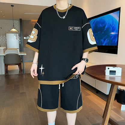 早い者勝ち カジュアル ファッション 切り替え 全3色 半袖ＴシャツⅹパンツセットF-8950