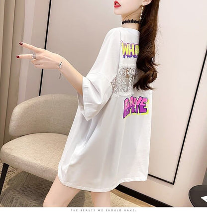 【半額！期間限定！！】グラフィック   透かし彫り Tシャツ ゆったりワンピース ＜F-4021＞