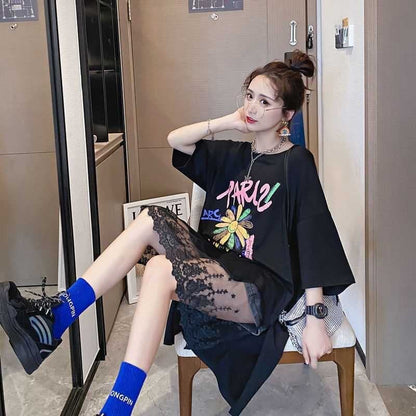 スウィート   レース プリント ロングTシャツ ゆったり半袖＜F-2952＞