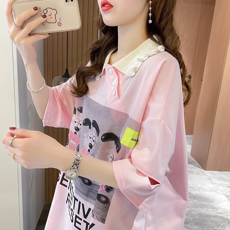 夏新作 アルファベットプリント POLOネック ロング Tシャツ ゆったりワンピース ＜F-3038＞