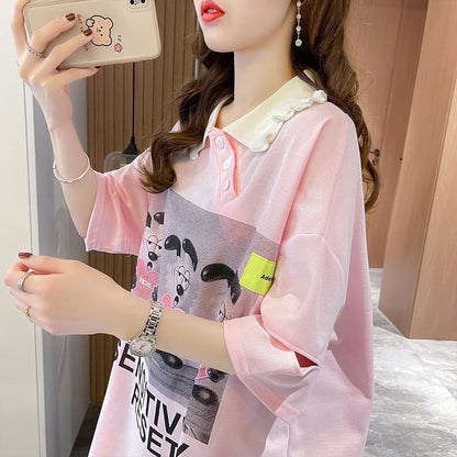 夏新作 アルファベットプリント POLOネック ロング Tシャツ ゆったりワンピース ＜F-3038＞