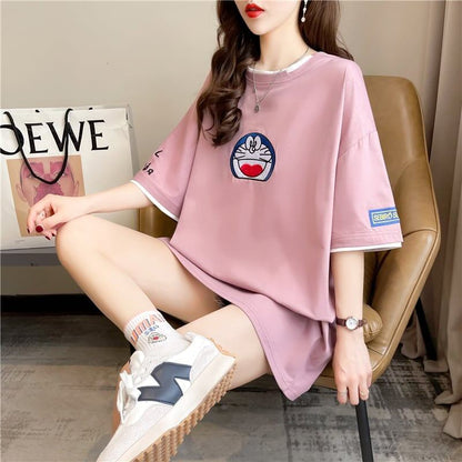 韓国系 ドロップショルダー 刺? レイヤードTシャツ ゆったり半袖 ＜F-3053＞