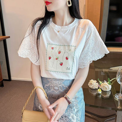 大好評 レース 上質 刺繍 切り替え 全2色 半袖Tシャツ＜F-8869＞