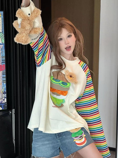 都市ファッショ デザイン オシャレ 大人可愛い 着心地良い プリント ストライプ柄 半袖TシャツF-9332