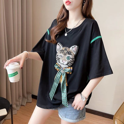 質感のいい 猫刺繍 立体のリボン ロング Tシャツ ゆったり半袖 ＜F-2919＞