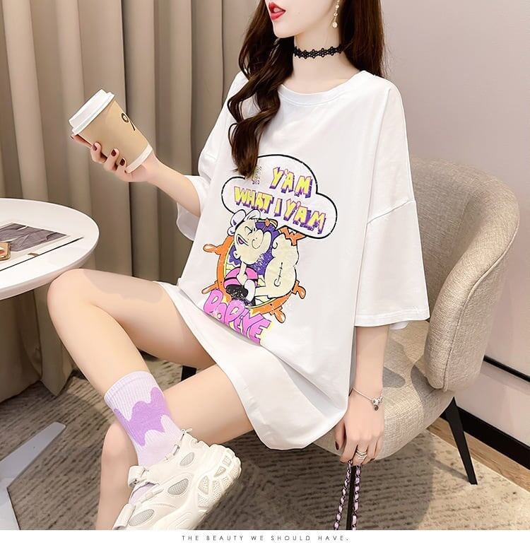【半額！期間限定！！】グラフィック   透かし彫り Tシャツ ゆったりワンピース ＜F-4021＞