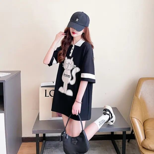 韓国系   POLOネック プリントTシャツ ゆったり半袖 ＜F-2894＞
