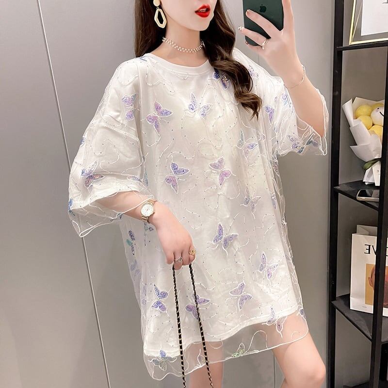 イントレンディなメッシュフェイクツーピースバタフライTシャツルーズトップ<F-2858>