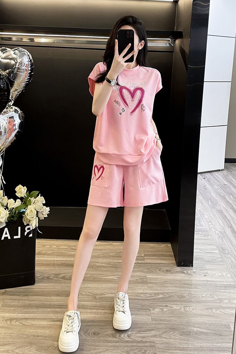 超人気 ホットダイヤモンド カジュアル プリント 半袖Tシャツ ショートパンツ セットアップ ＜F-9215＞