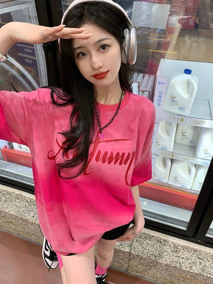レイジースタイルドーパミングラデーションタイダイオールマッチ半袖Tシャツ<F-2895>