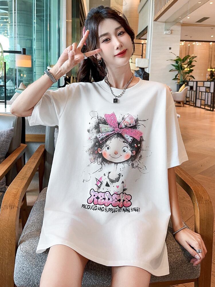 好感度UP ピンク カジュアル プリント スパンコール プリント ゆったり 半袖 Tシャツ＜F-8705＞