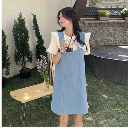 美人度アップ デニム 大人可愛い 全2色 半袖Tシャツ+サスペンダースカート セットF-8782