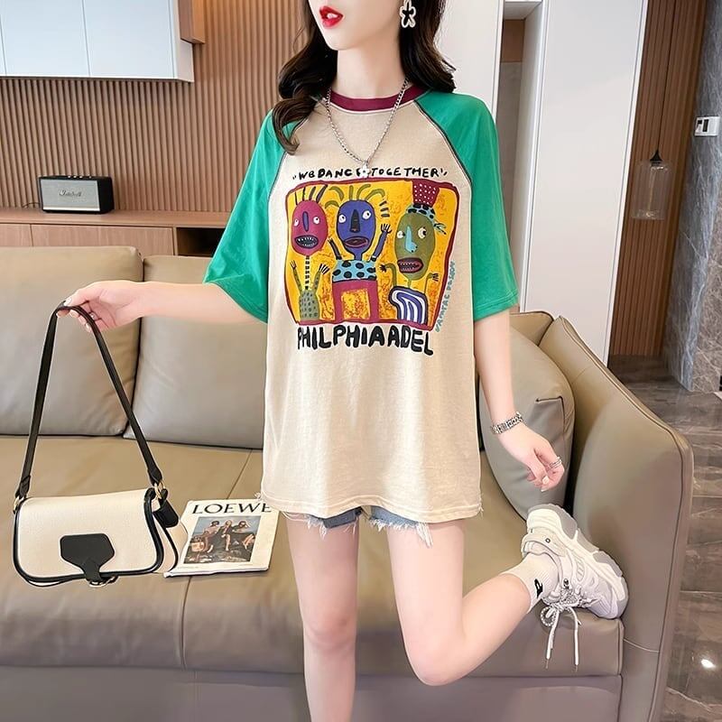 デザインセンスアメリカンレトロ漫画プリント半袖Tシャツニッチカラーマッチングトップスイン潮<F-2872>