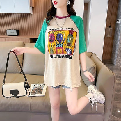デザインセンスアメリカンレトロ漫画プリント半袖Tシャツニッチカラーマッチングトップスイン潮<F-2872>