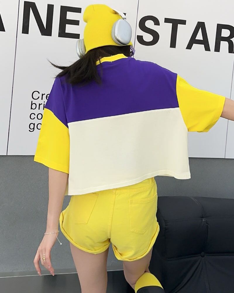 着回し力抜群 切り替え三色 韓国系 ゆったり半袖Tシャツ ＜F-8455＞