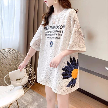 優しい雰囲気 透かし彫り 花柄 プリント ロング Tシャツ ゆったりワンピース ＜isf-3033＞