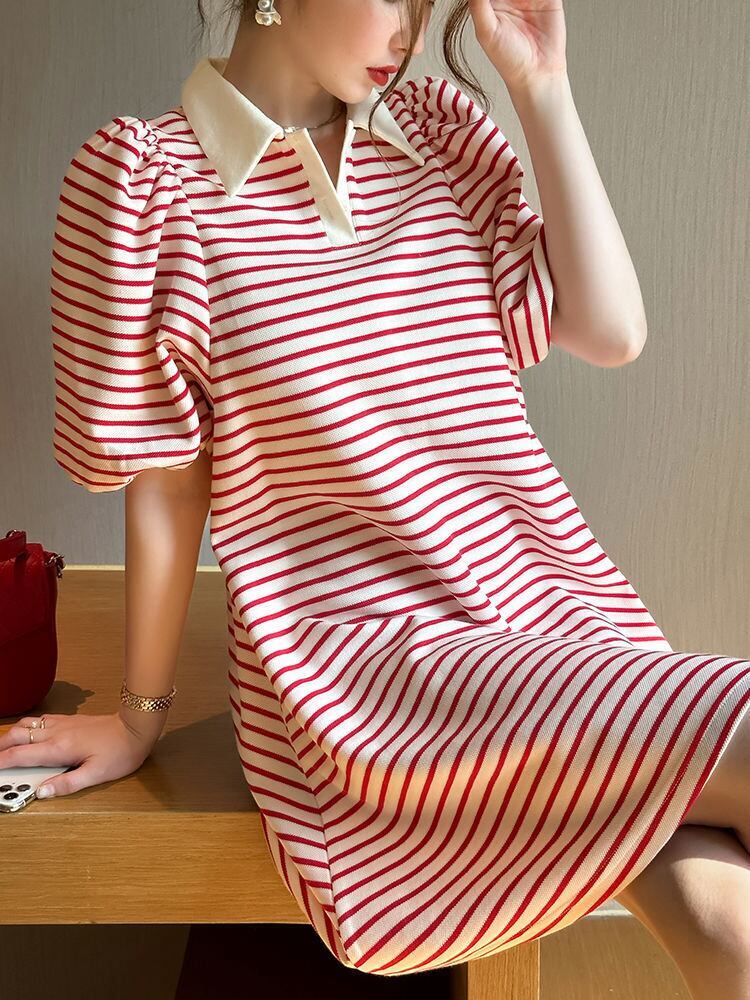 上質 ファッション 売り切れ必至 パフスリーブ ストライプ柄 半袖ワンピース<F-8450>