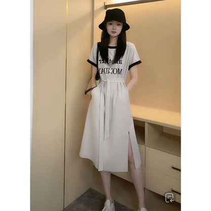 売り切れ必至 簡潔 上質 半袖Tシャツワンピース<F-8288>