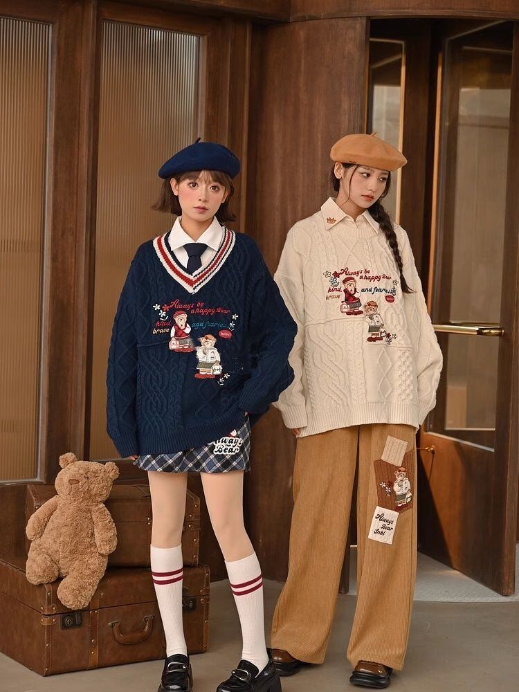 超人気 気質アップ 絶対欲しい Vネック 刺繍 切り替え2色選択 ニットトップスF-9577