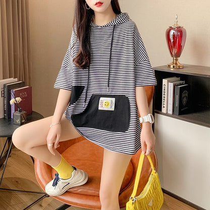 スタイルアップ効果抜群 ストライプ柄 アバンギャルド 切り替え レース プリント全2色 半袖TシャツF-9111